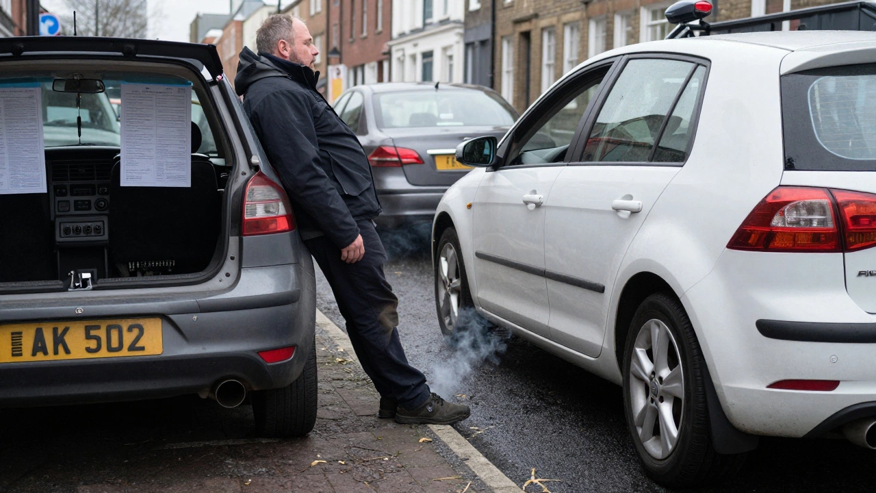 A delivery van in city traffic with a driver’s foot resting on the clutch pedal, illustrating habits that cause premature clutch wear.