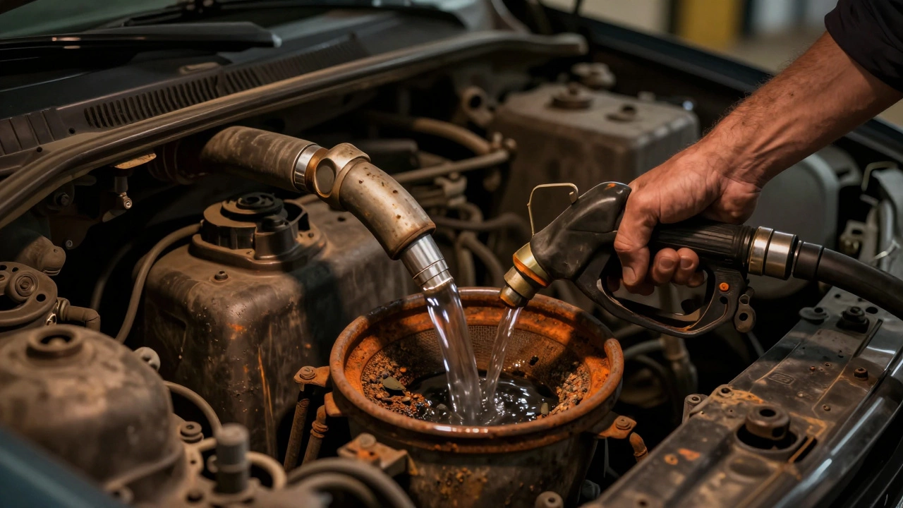 A symbolic fuel pump struggling to push fuel through a clogged filter.