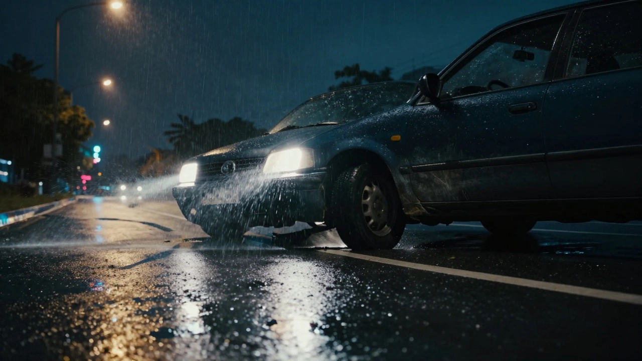 Car bouncing over a pothole at night with one side sagging on a wet road.