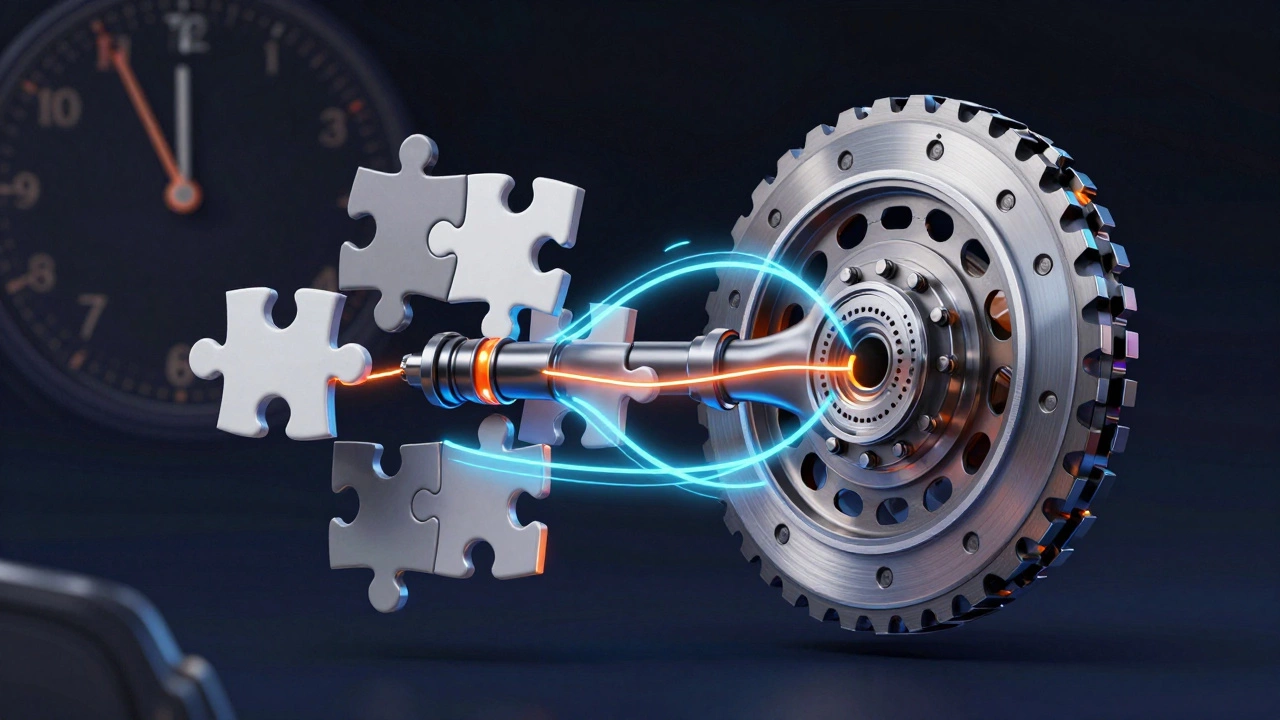 Clutch components as floating puzzle pieces with clock showing 7.5 hours