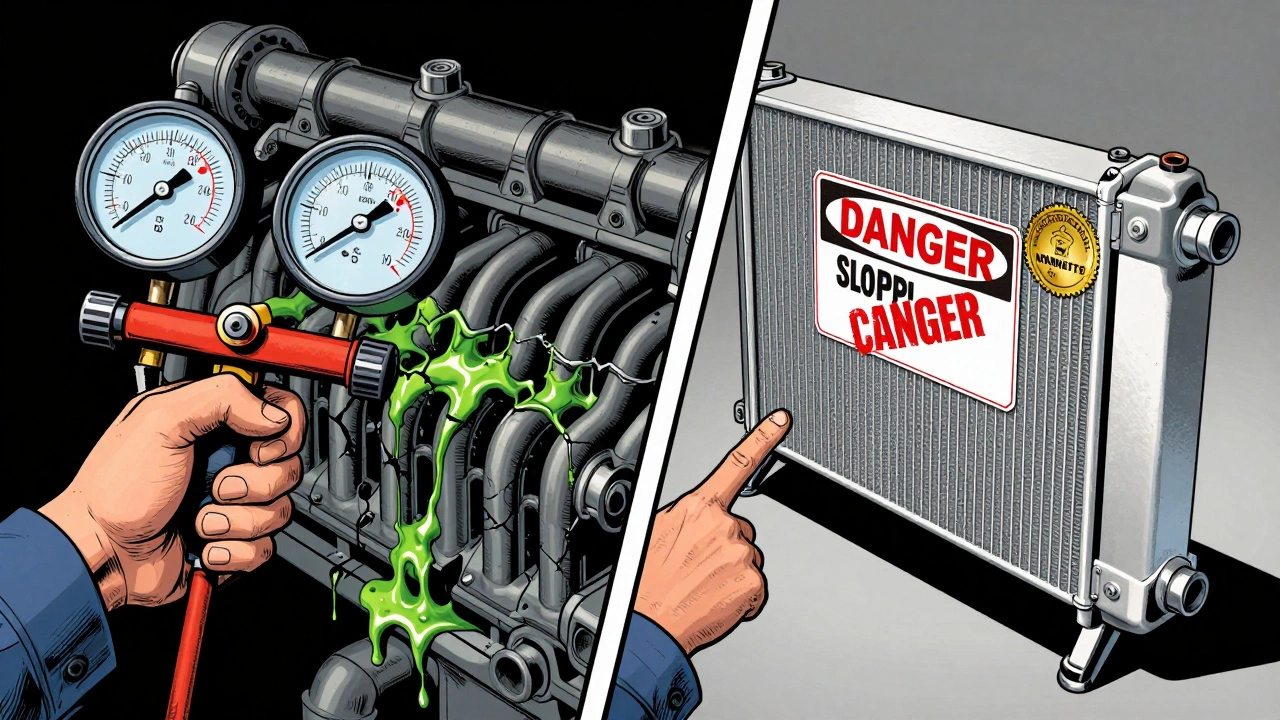 Comic-style comparison of a leaking radiator versus a new OEM replacement with warning symbols.