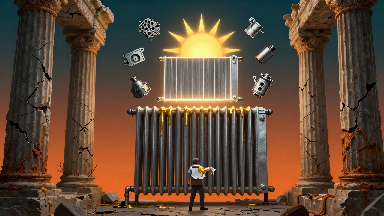 Conceptual image of a radiator as a crumbling temple with rusting coolant and rising new part.