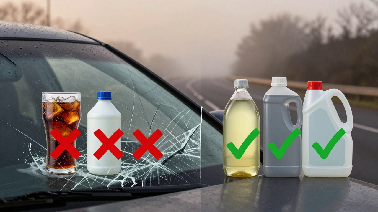 Contrasting safe and dangerous substitutes for windshield washer fluid with symbolic checkmarks and Xs.