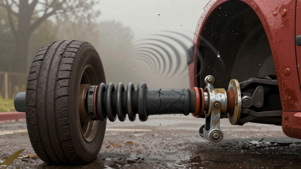 Cross-section of a car's suspension showing cracked rubber links grinding against metal in damp conditions.