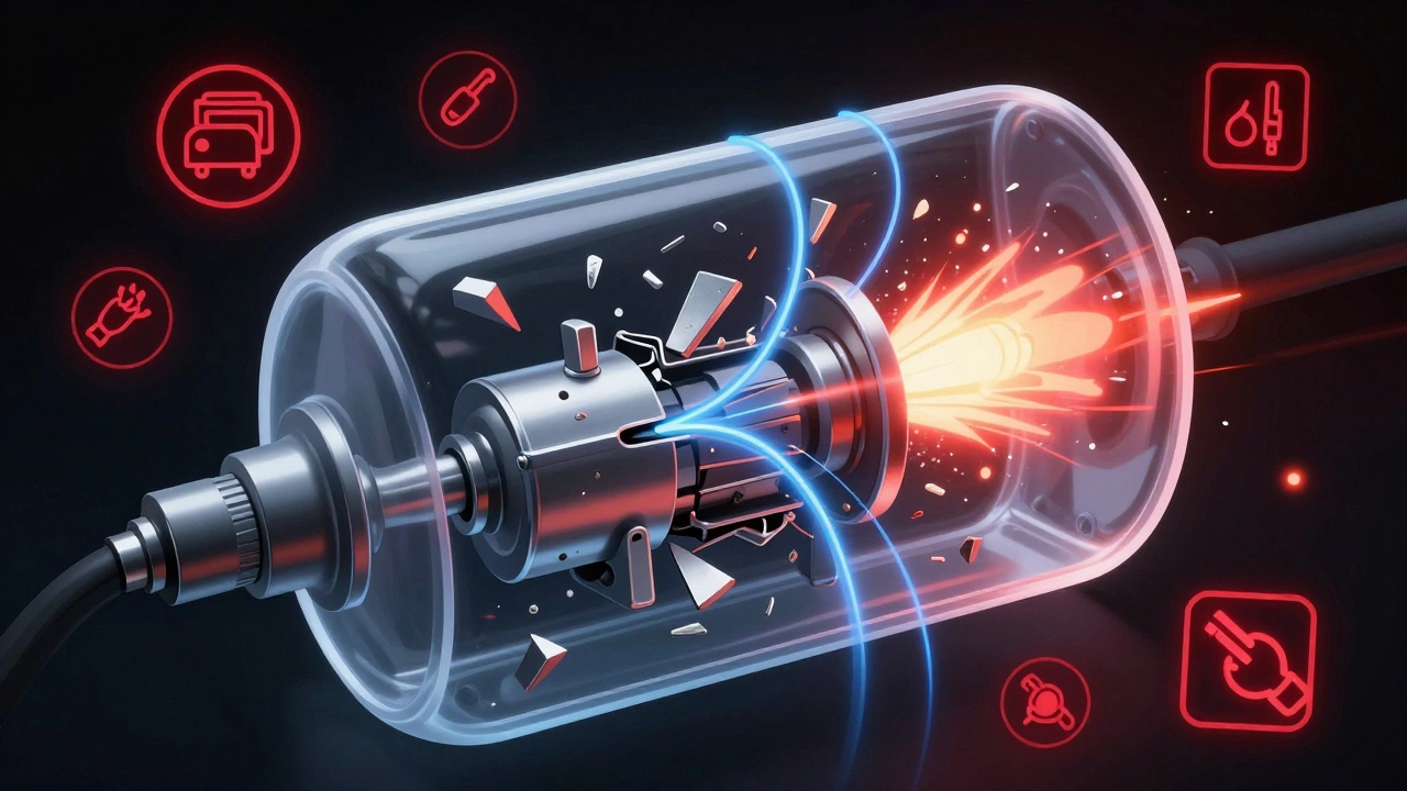 Cross-section of fuel pump failing with debris and overheating signs