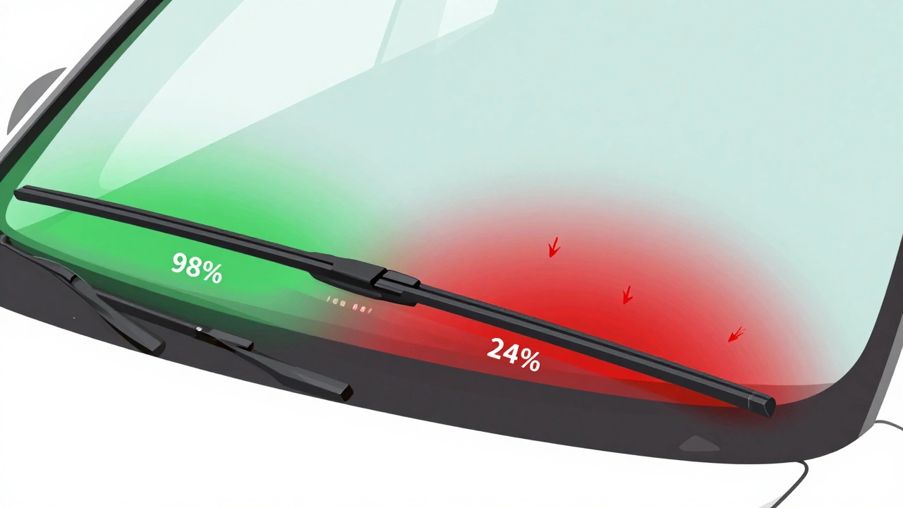 Diagram comparing correct and incorrect wiper blade coverage on a windshield, highlighting blind spots.
