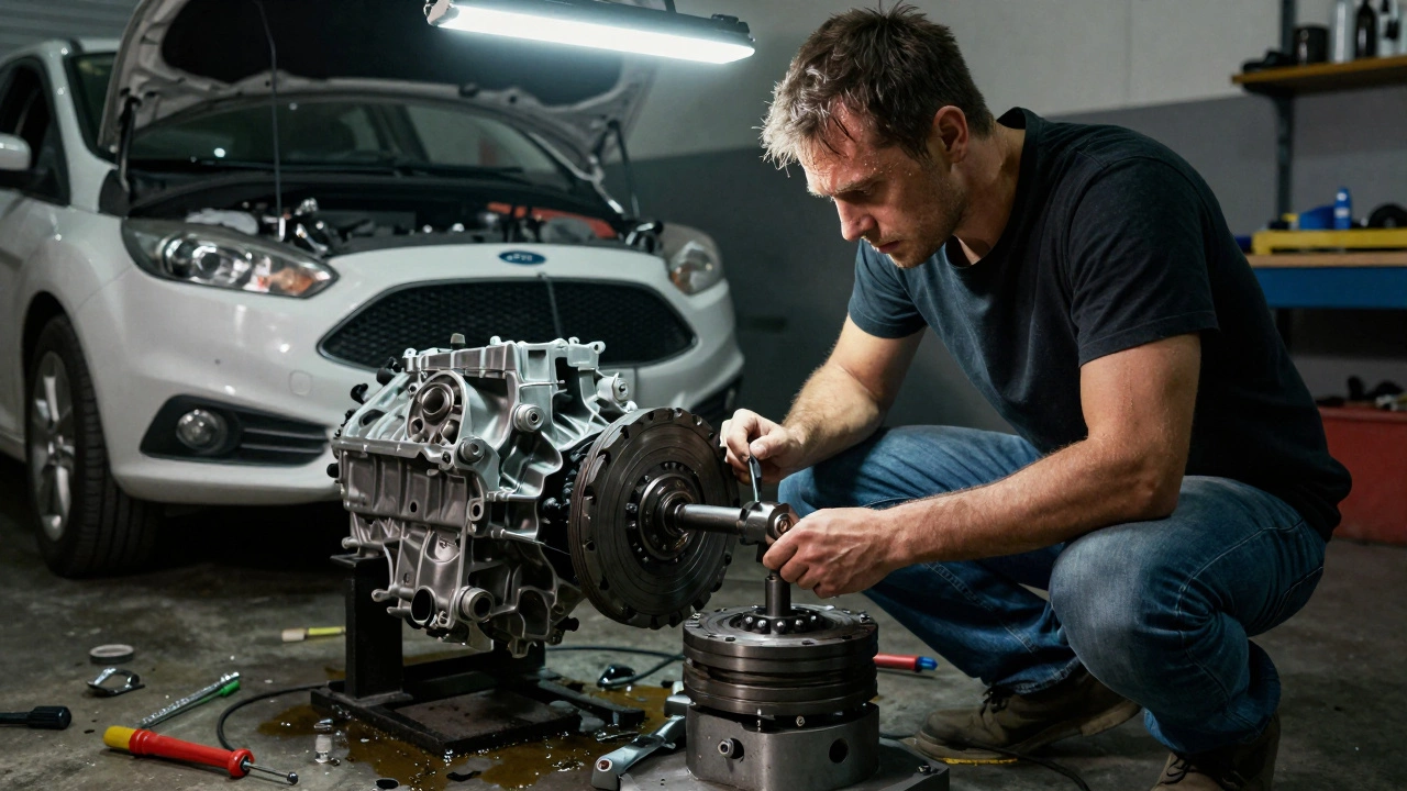 DIY mechanic struggling to align clutch without proper tool in garage