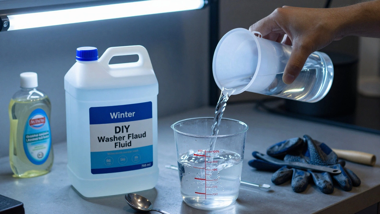 DIY winter windshield fluid being mixed with distilled water, isopropyl alcohol, and dish soap in a garage.