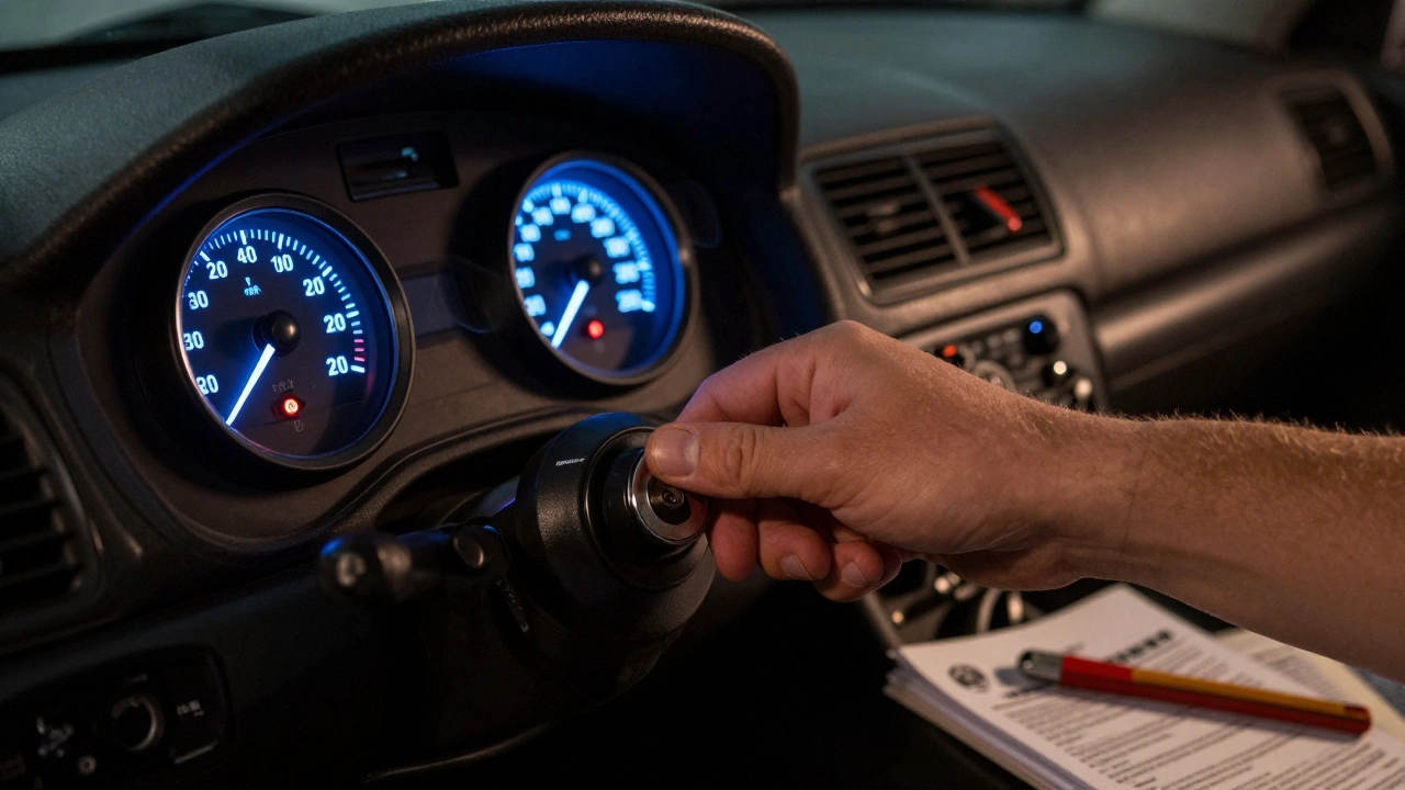 Driver checking fuel pressure gauge with needle in danger zone