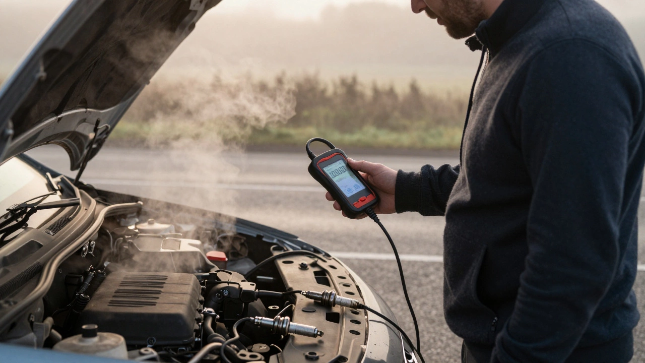 Driver checking OBD2 scanner beside car on foggy morning, spark plug set visible on hood.