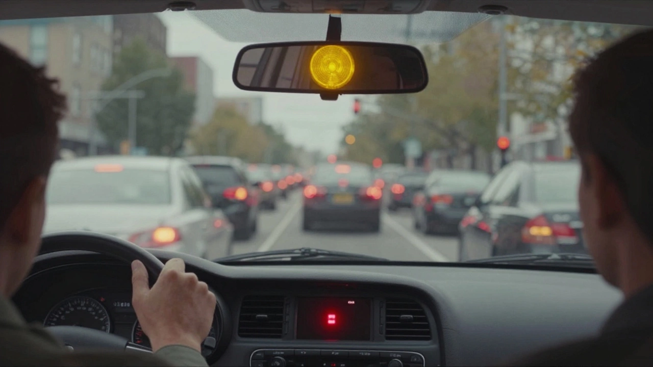 Driver pressing brake pedal in city traffic with dashboard warning light glowing red.