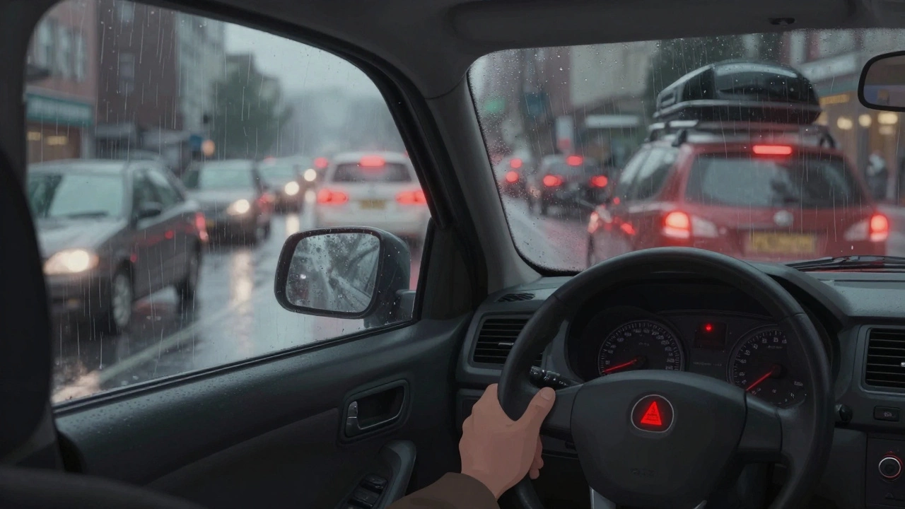 Driver pressing brake pedal with warning light on, surrounded by city traffic and rain.