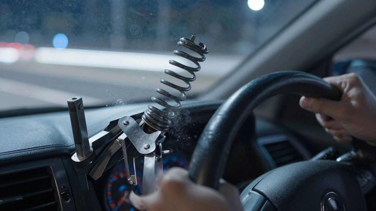 Fractured strut mount rattling against a coil spring with vibration effects, seen from behind a trembling steering wheel.