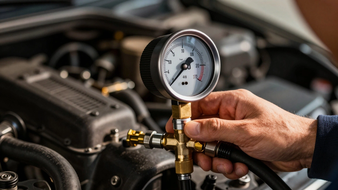 Fuel pressure gauge connected to a car's fuel rail showing 48 psi reading.