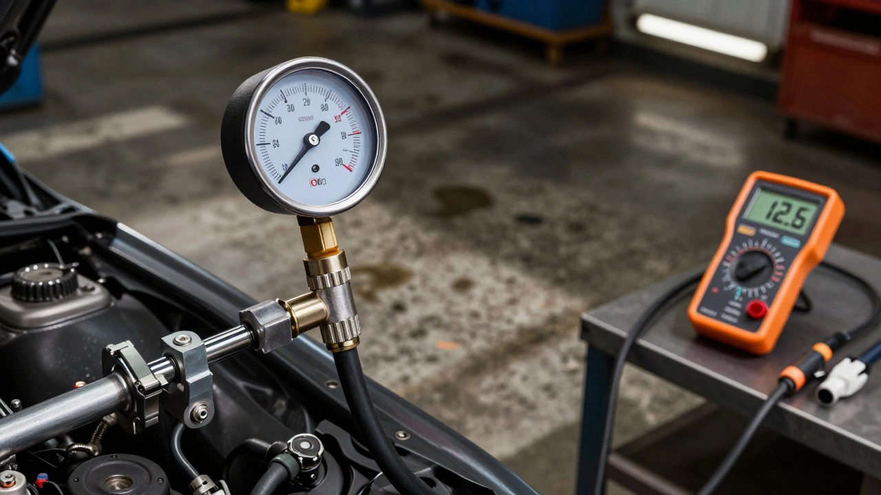 Fuel pressure gauge connected to engine fuel rail during diagnostic test.