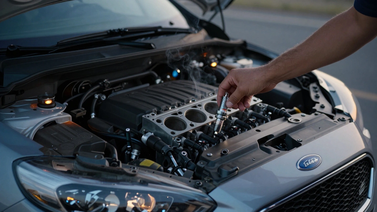 Hand installing a new spark plug in a Ford Focus engine bay at dusk.