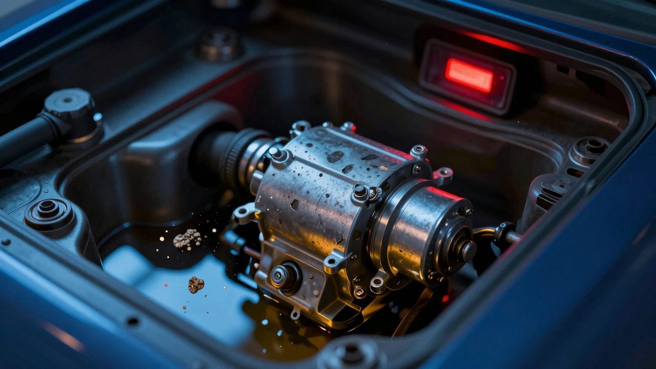 Inside view of a fuel tank showing a failing electric pump and debris in gasoline.