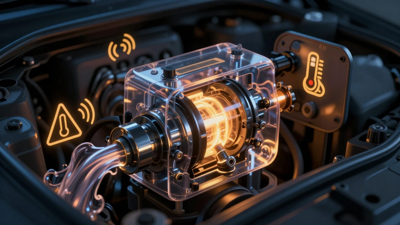 Internal view of a failing fuel pump with warning signs in fuel tank.