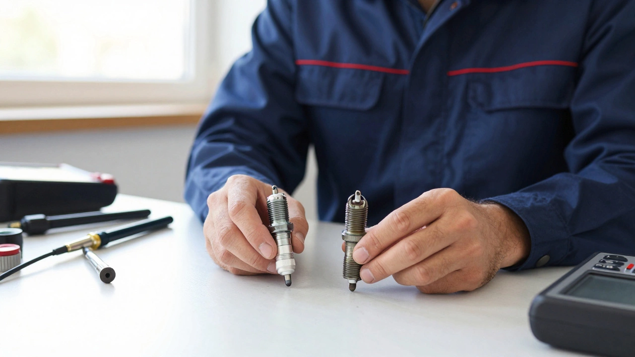 Mechanic comparing old fouled spark plug with new iridium plug on workbench.