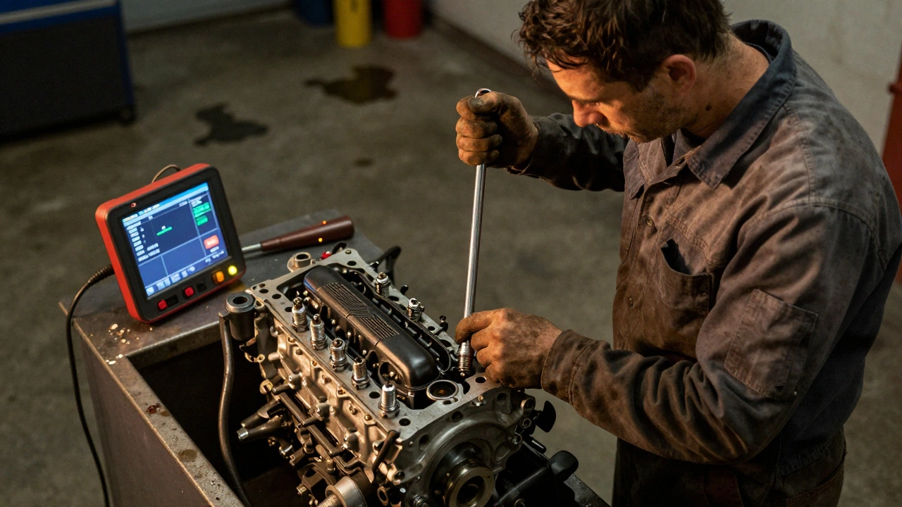 Mechanic installing new spark plugs in a V6 engine with torque wrench