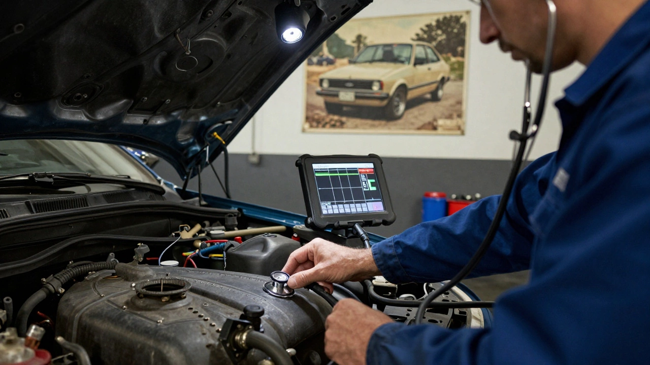 Mechanic listening to fuel tank with stethoscope while viewing diagnostic data on a tablet.