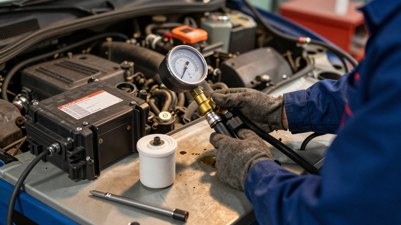 Mechanic testing fuel pressure in a garage with new and old fuel pumps on the bench.