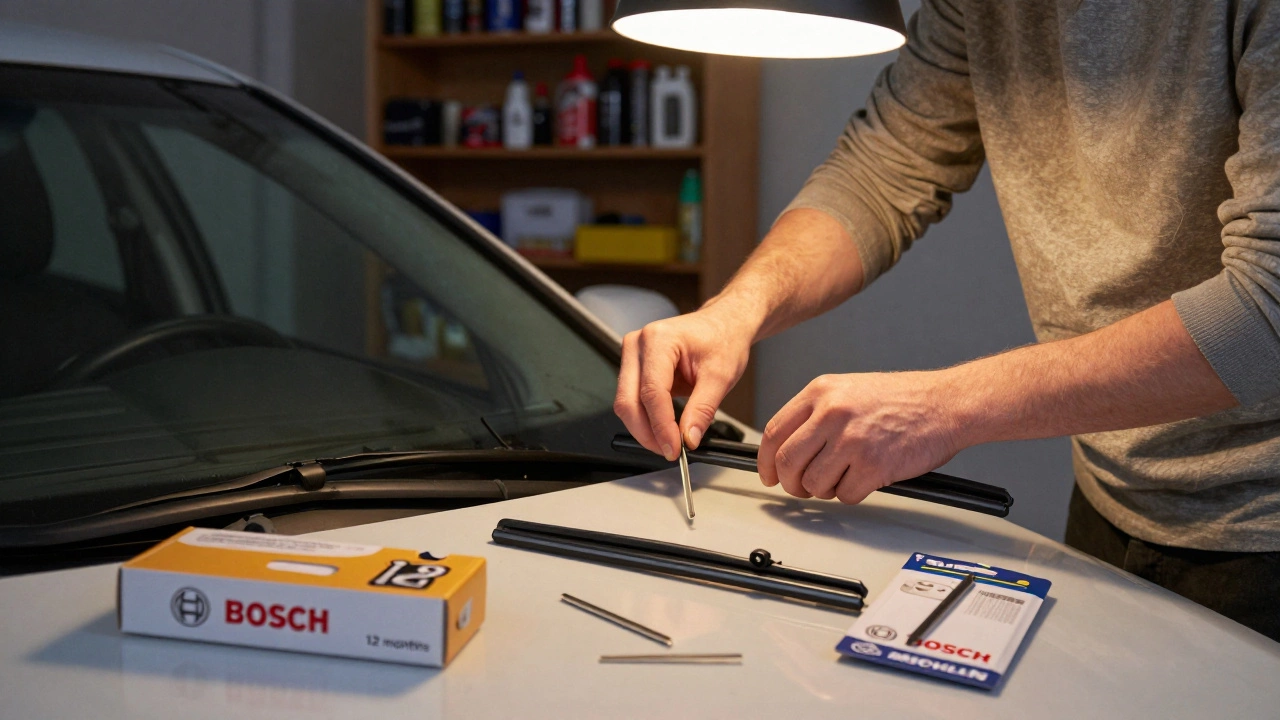 Person installing new wiper blades in garage, old blades in box, no tools needed.
