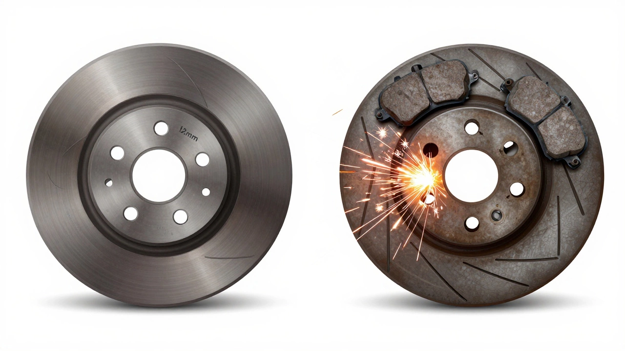 Side-by-side comparison of new versus severely worn brake pads and rotors.