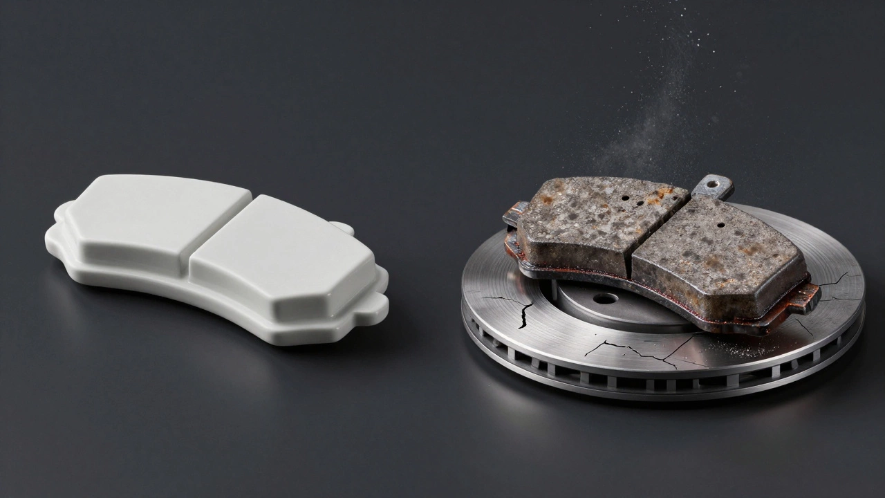 Split image comparing new and severely worn brake pads with damaged rotor underneath.