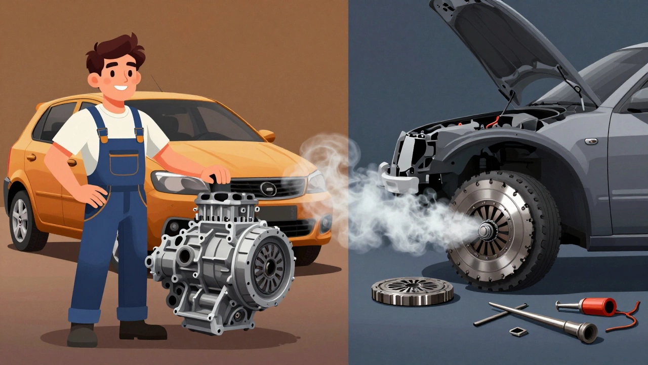 Split image: successful clutch replacement vs. failure with smoke and damaged parts.