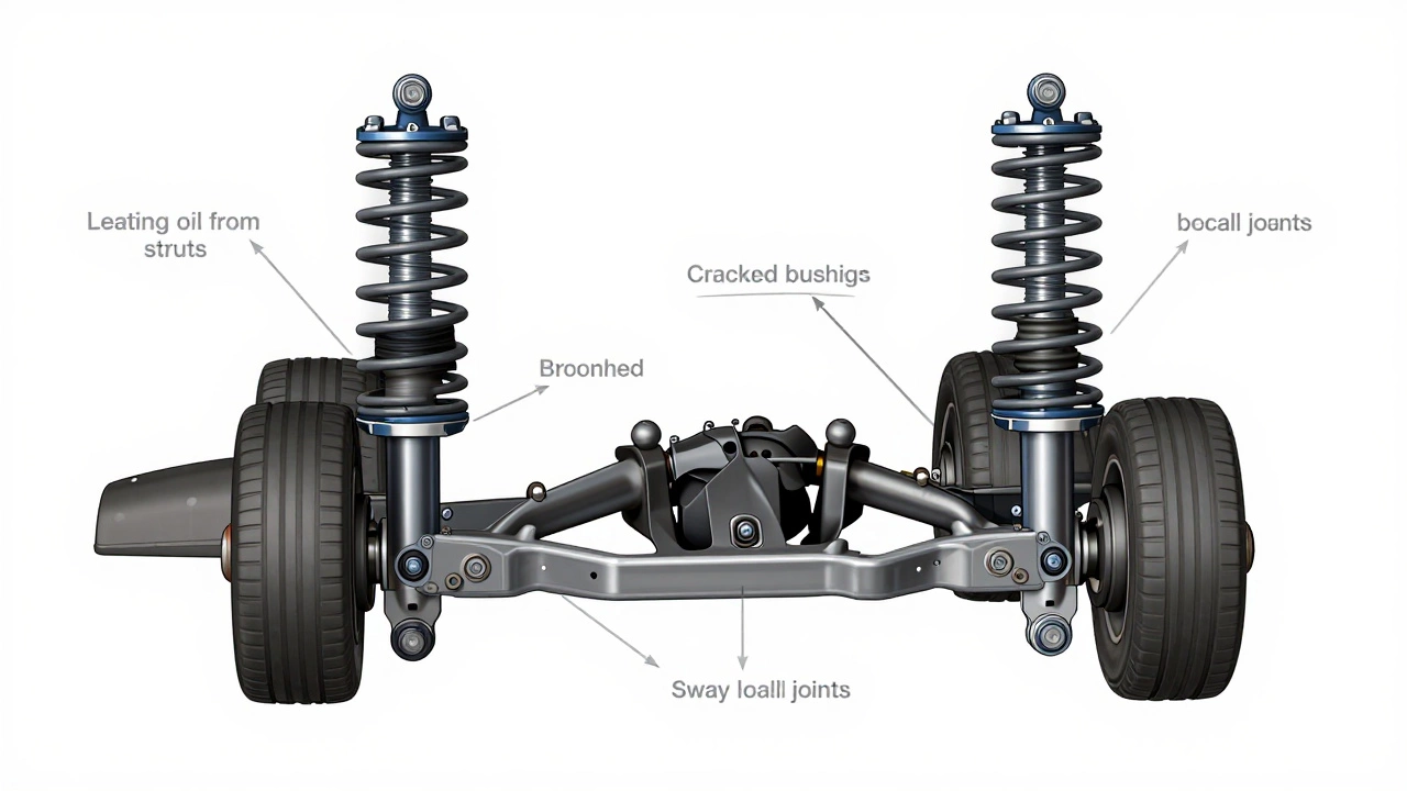 Technical illustration of car suspension components with failure points highlighted.