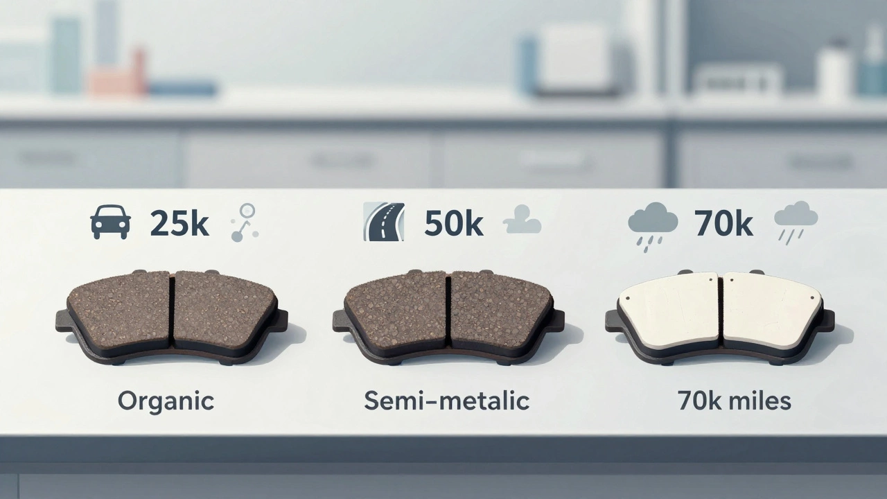 Three brake pad types side by side with mileage icons and environmental symbols.