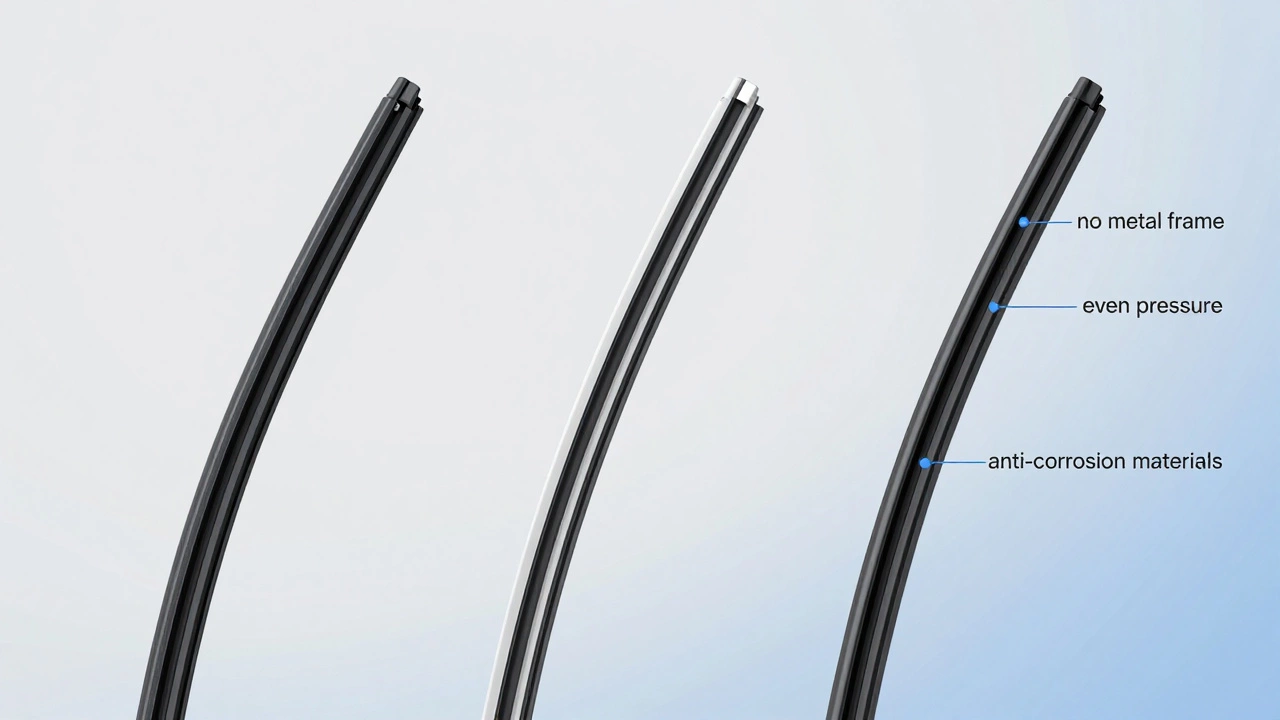 Three types of windshield wiper blades side by side with labeled design features.