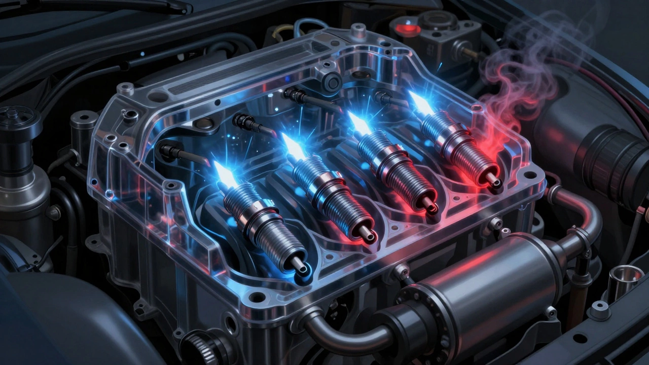 Transparent engine showing three strong spark plugs firing and one weak one, with smoke rising to catalytic converter.