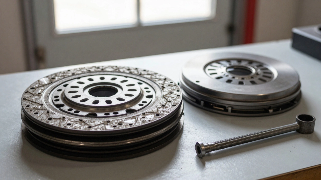 Worn clutch disc and glazed flywheel side by side on a workbench with new parts nearby.
