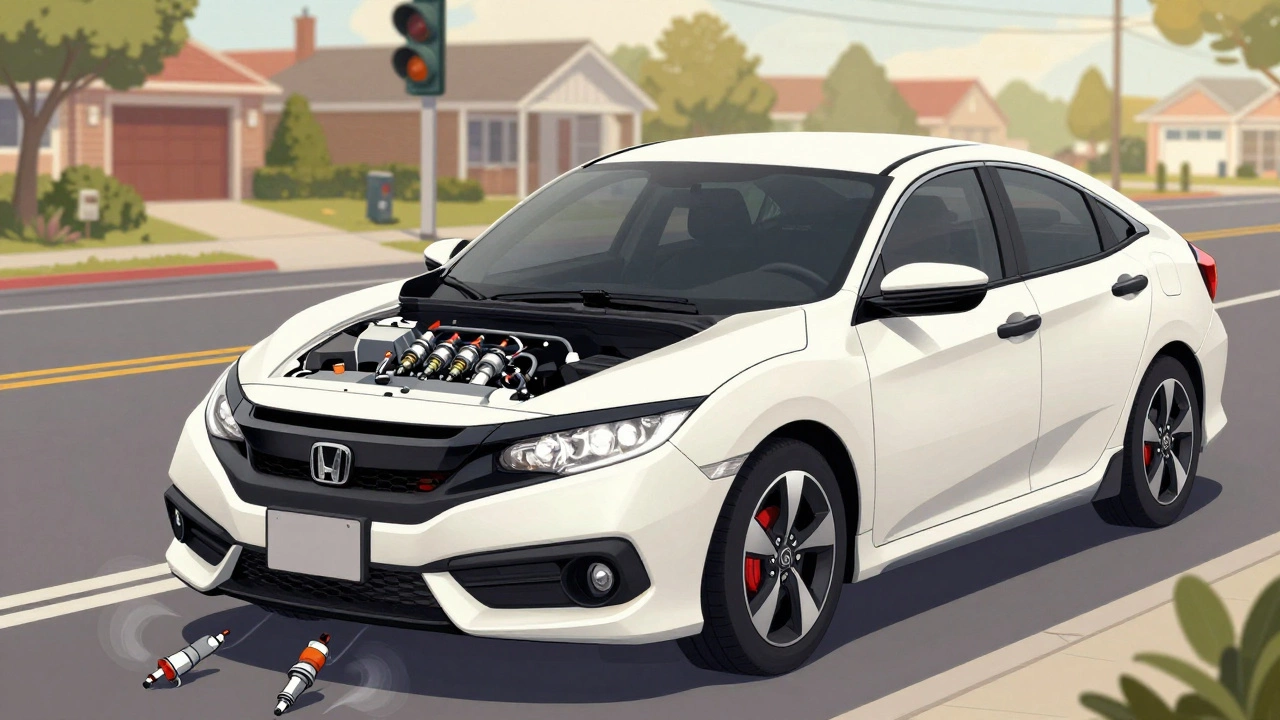 A Honda Civic idling smoothly at a stoplight with invisible spark ignition glowing inside the engine.