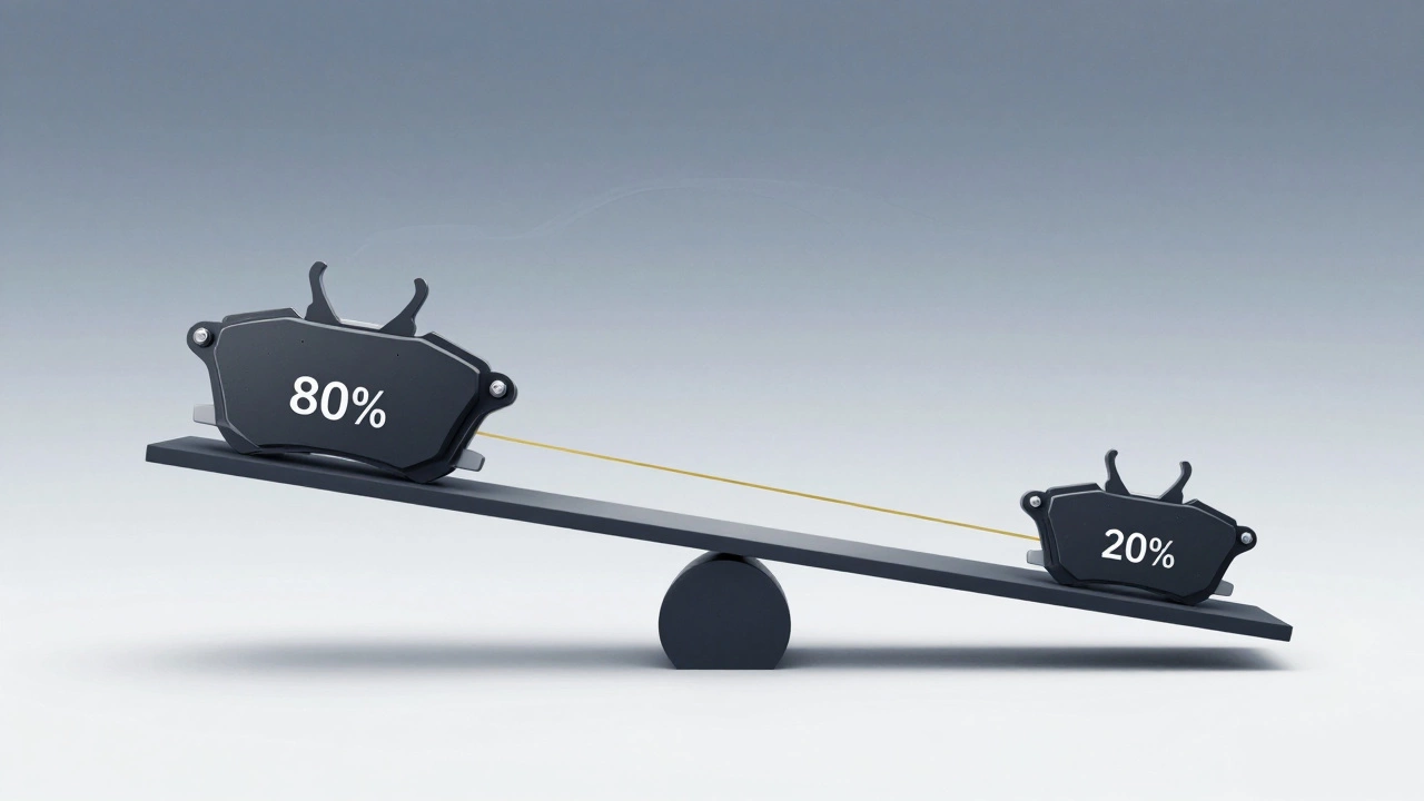 Balanced seesaw diagram showing front and rear brake pads with weight distribution percentages.