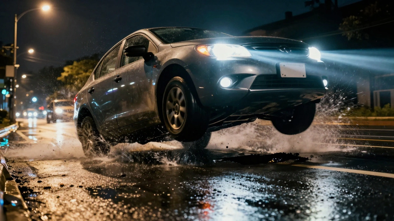 Car bouncing violently over a pothole at night with tires airborne.