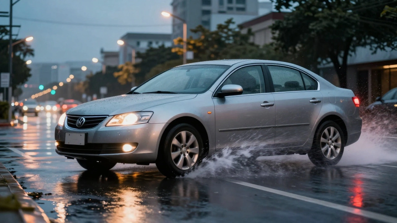 Car braking on wet road, front tires gripping, rear tires beginning to skid in rainy evening light.
