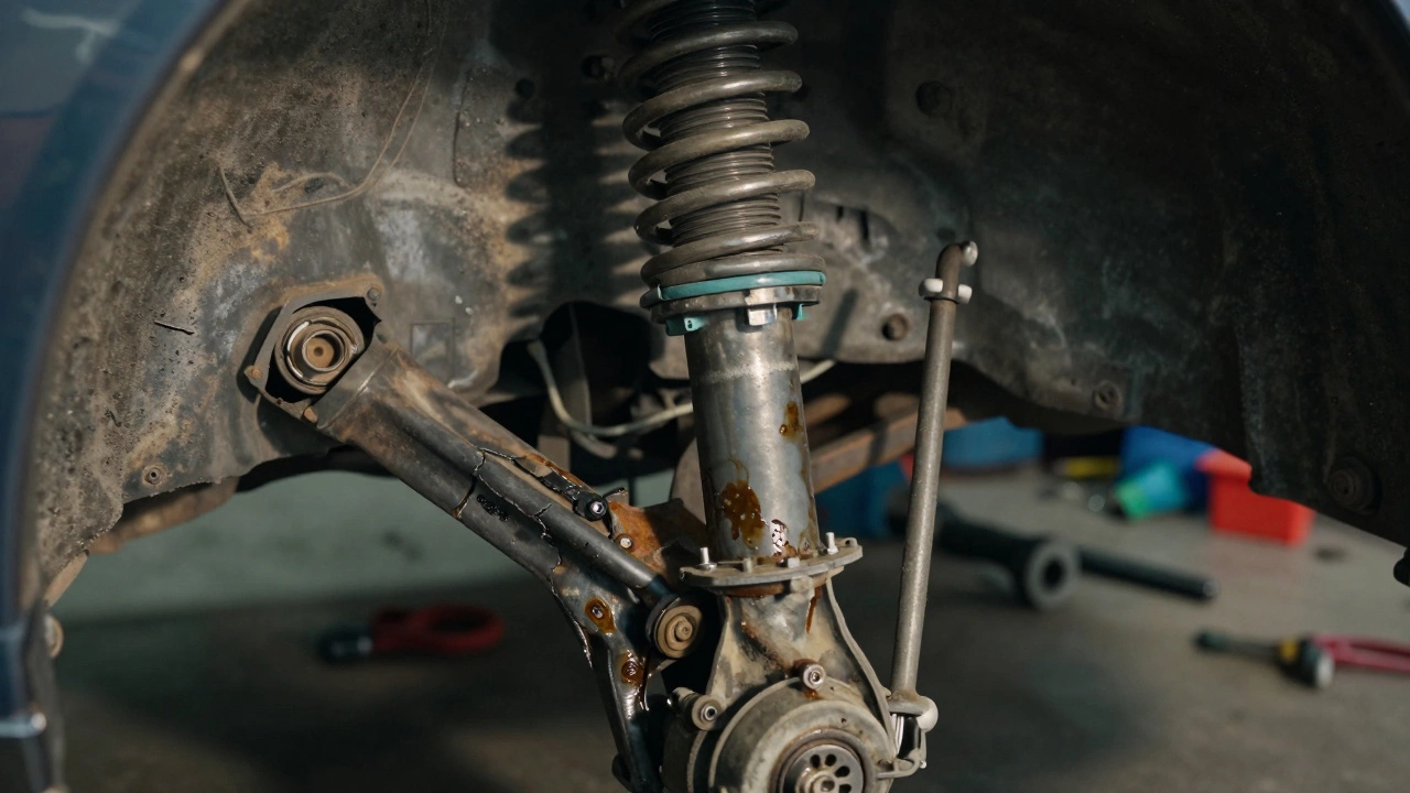 Close-up of worn suspension parts: cracked bushings, loose ball joint, and oil-stained shock absorber.