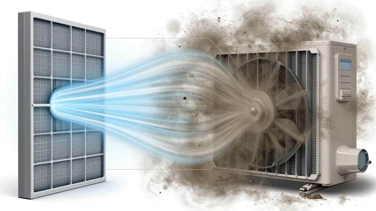 Contrasting airflows in an HVAC system: clean air filtered through MERV 13 vs. dust bypassing a too-small filter and freezing coils.