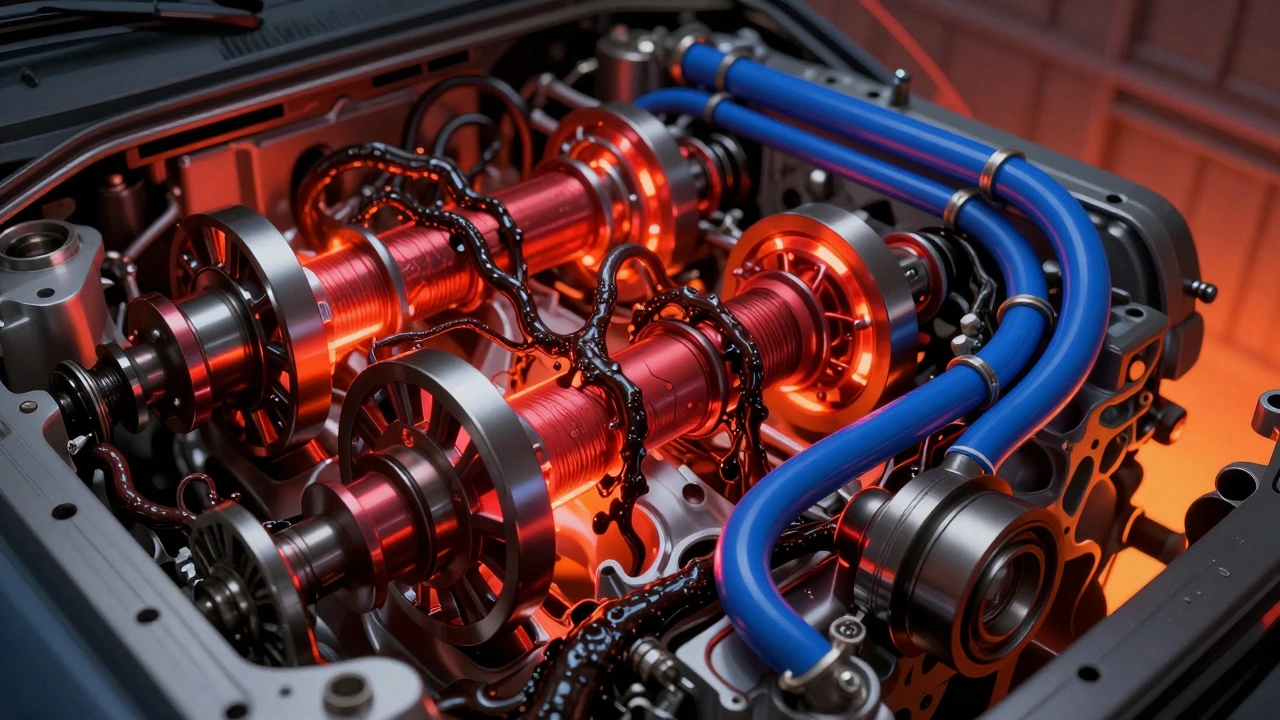 Cross-section of engine with sludge clogging oil passages and worn metal parts