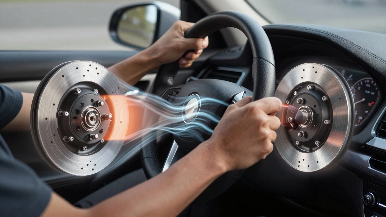 Driver's hands feeling vibration in steering wheel during braking, with warped rotor overlay.