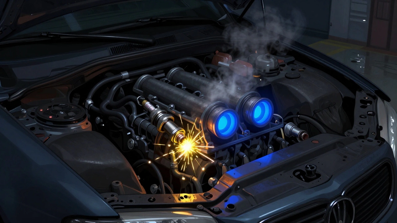 Engine bay with one spark plug emitting a weak yellow spark instead of blue.
