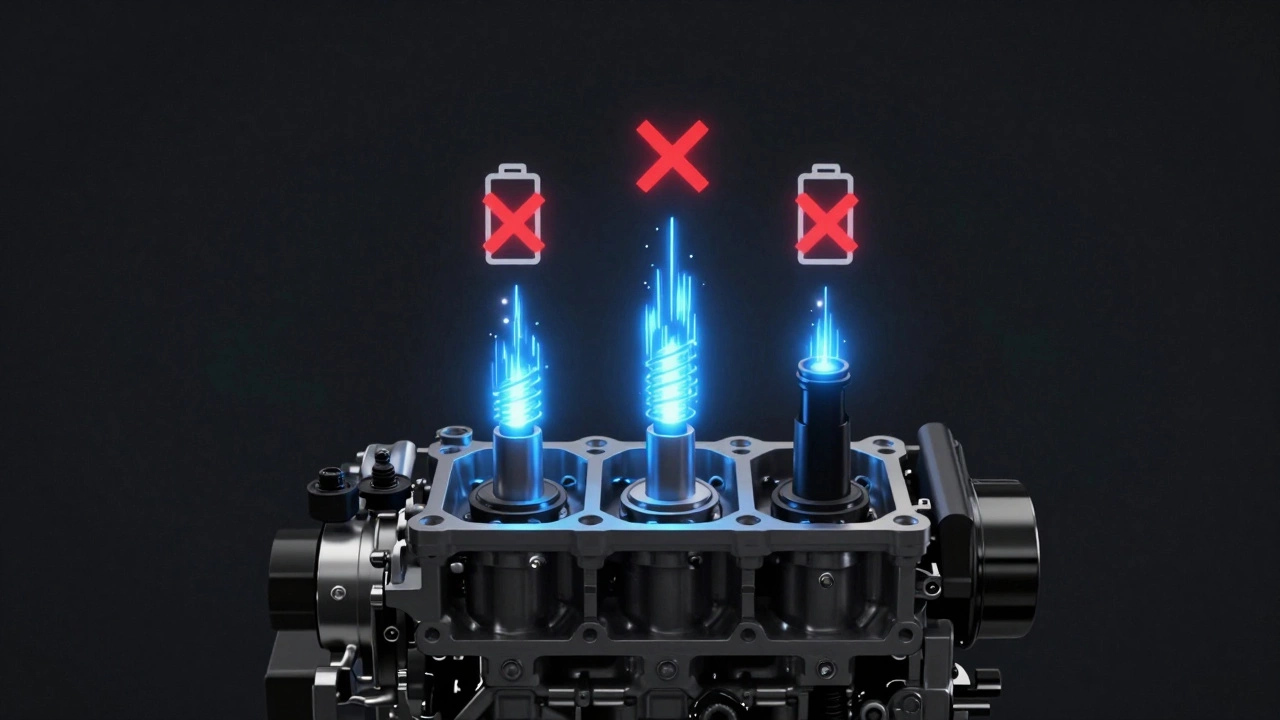 Engine cylinder diagram showing three firing sparks and one dead cylinder.
