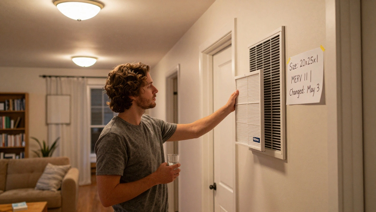 Homeowner holding new HVAC filter next to open return grille with handwritten note taped to wall.