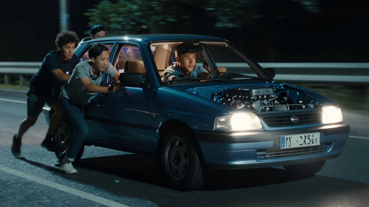 Manual car being push-started at night, two people pushing as driver releases clutch.