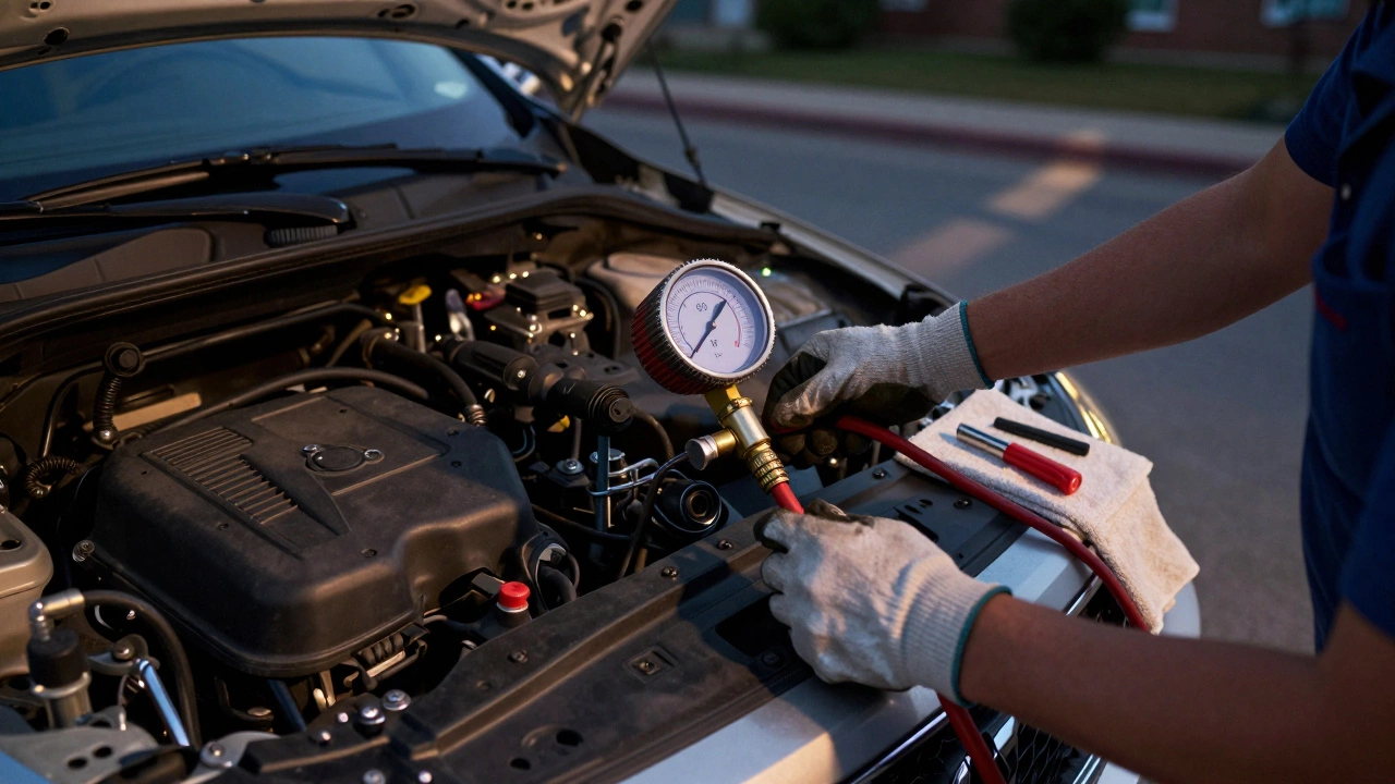 Mechanic connecting a fuel pressure gauge to a car's fuel test port under the hood.