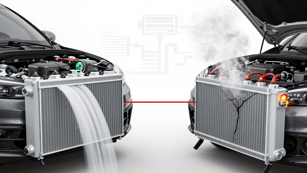 Split image comparing a healthy and failed car radiator system.