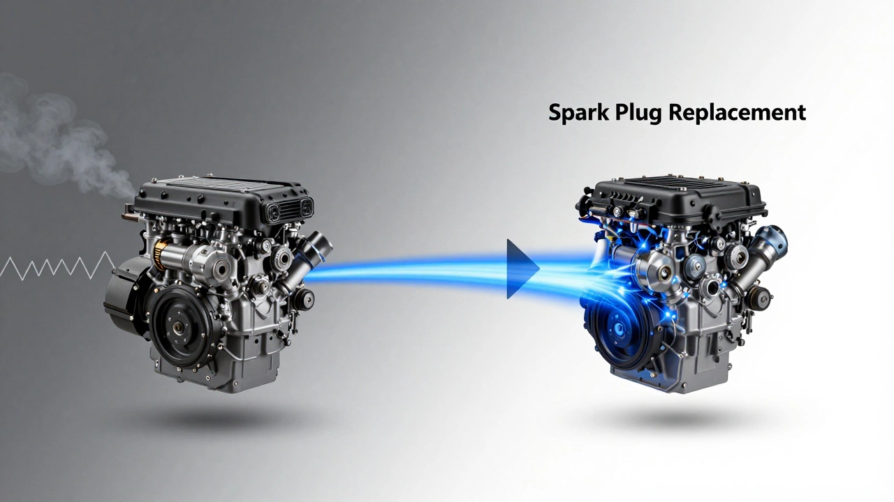 Split image showing a sluggish engine on the left and an efficient one on the right after spark plug replacement.
